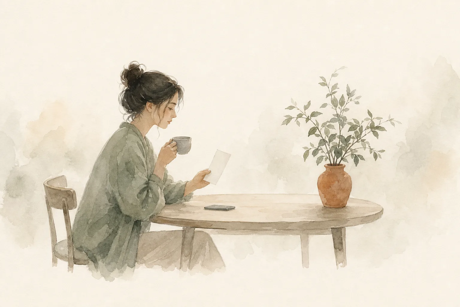 Watercolor illustration of a woman reading a note over coffee beside a phone and a leafy plant.