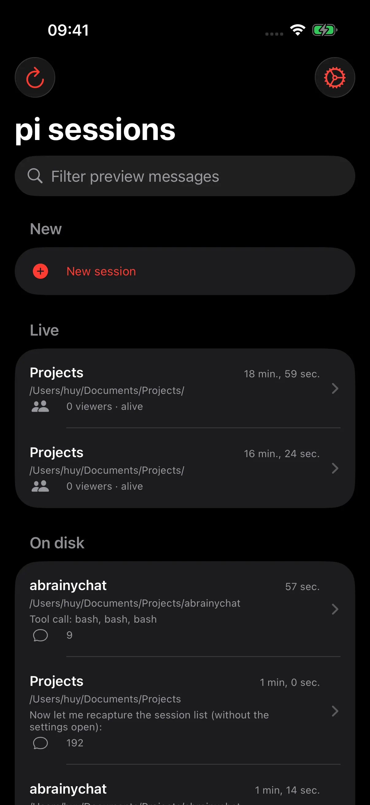 Session list showing live and completed Pi sessions