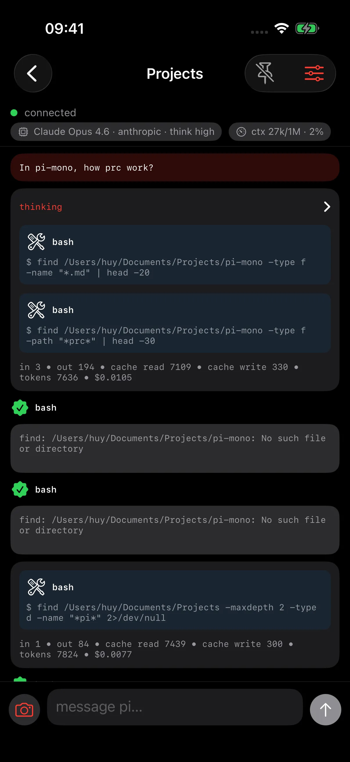Live view of Pi calling tools and running commands